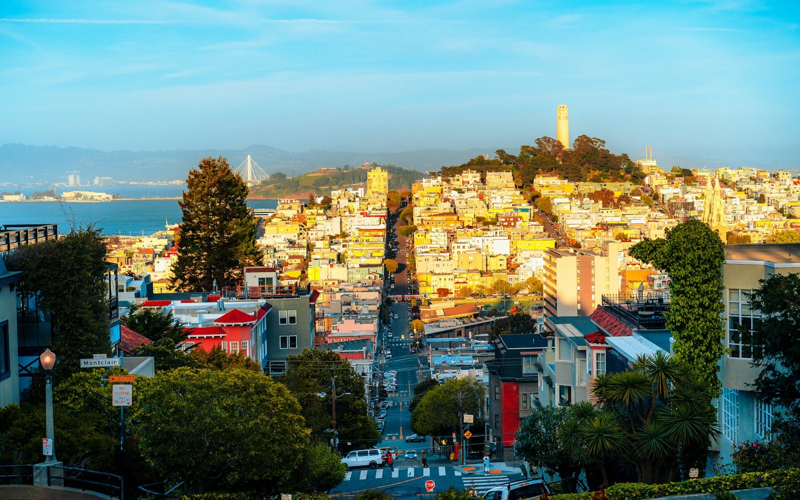 Russian Hill homes at golden hour, looking toward Coit Tower and the Bay